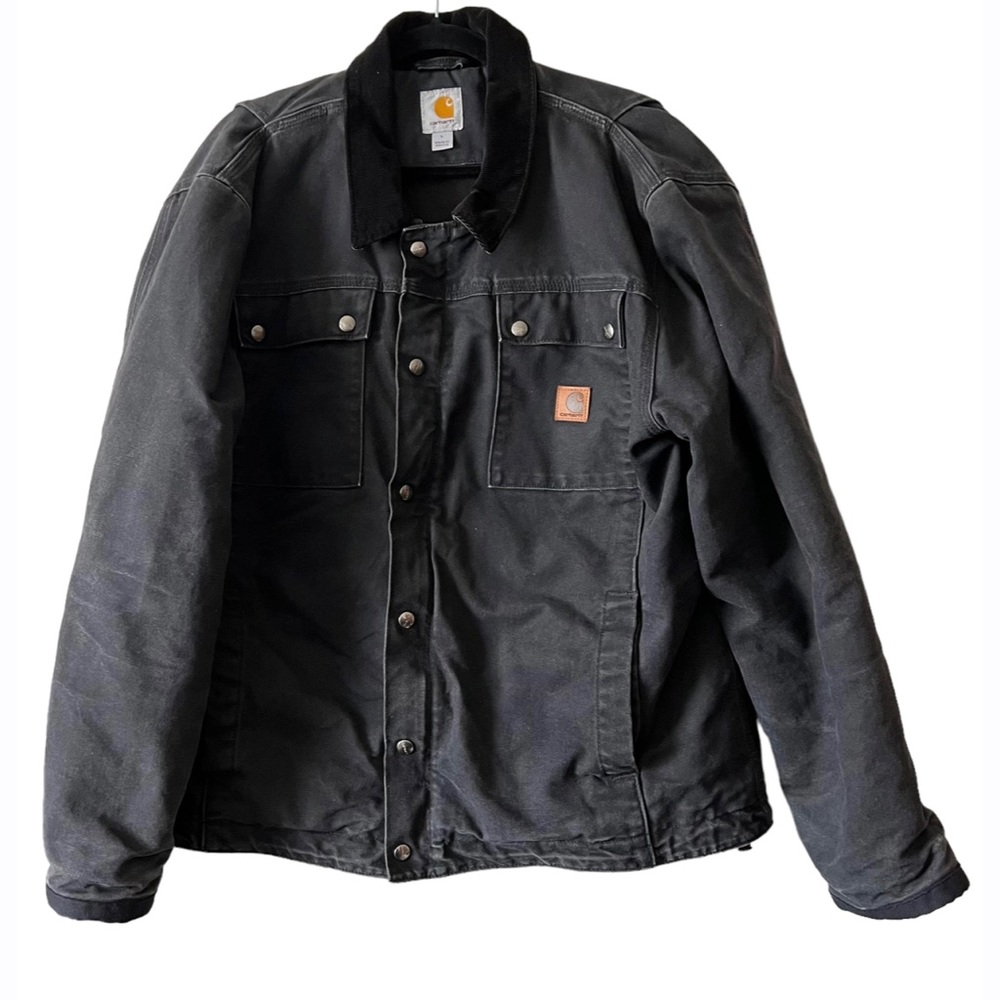 Carhartt Black Distressed Faded Button Zip Up Coat Jacket Men’s Size Large